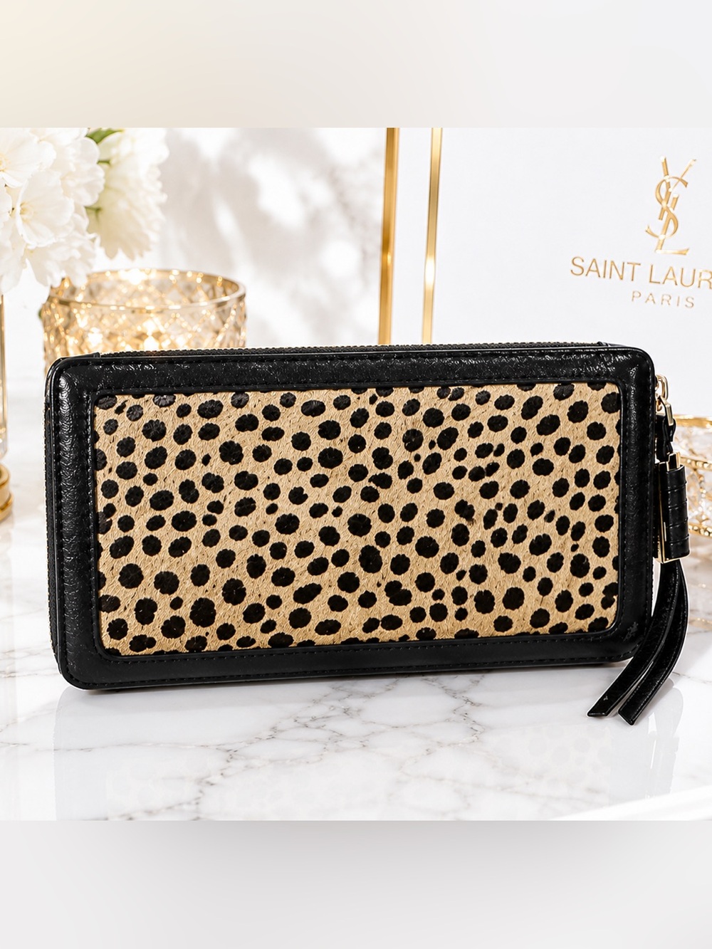 COVVETTE-Leather Zip Wallet with Black & Tan Leopard Panel (GUC) - Picture 5 of 12